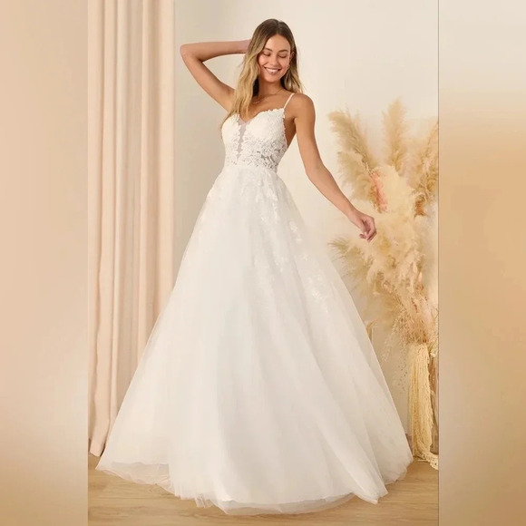 Lulus Height of Love White Embroidered Beaded Backless A-Line Gown Wedding - Picture 3 of 14